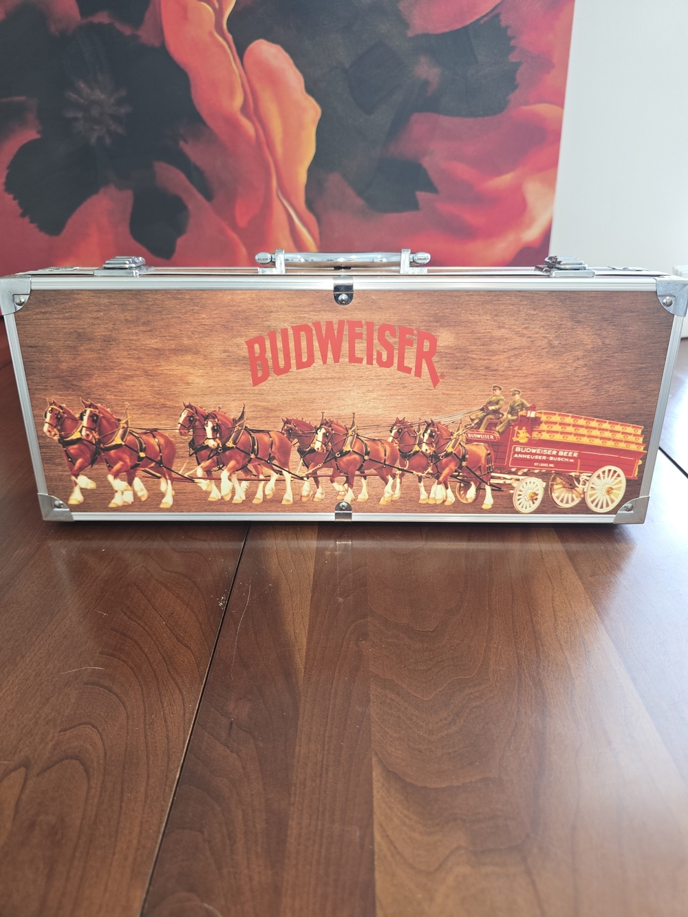 Budweiser Grill Set New in Box with Red Logo and Brown Wood-Grain Finish